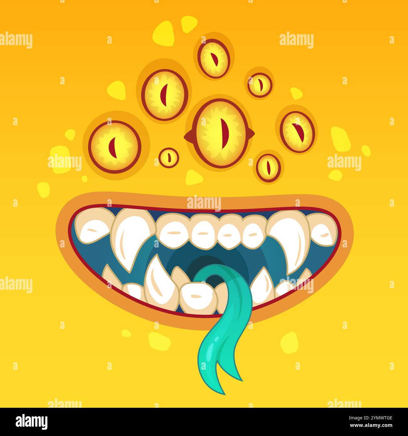 Colorato cartone animato di un simpatico volto mostro con molti occhi, denti grandi e una lingua turchese, perfetto per halloween o disegni fantasiosi Illustrazione Vettoriale