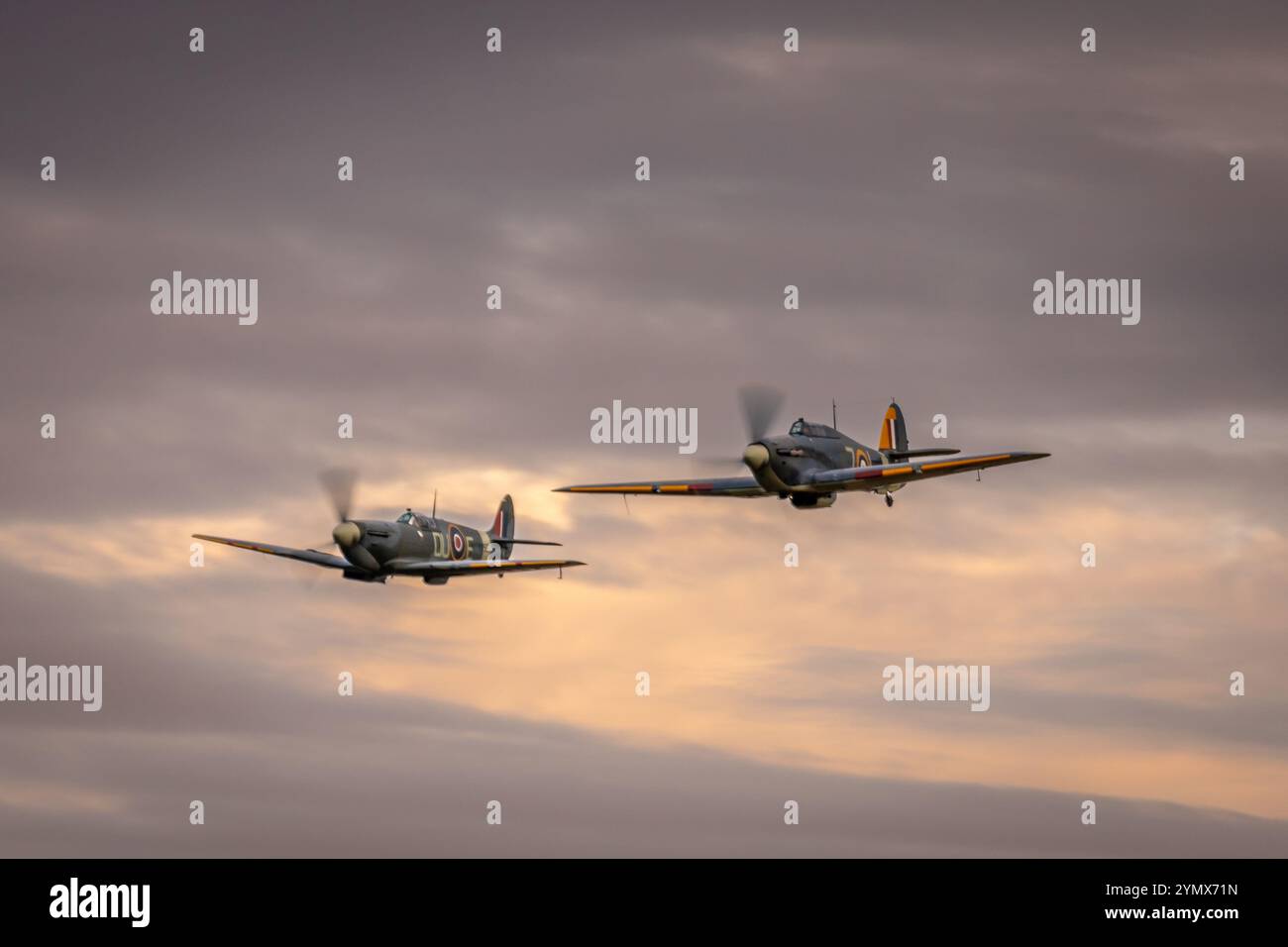 Supermarine Spitfire Mk Vc 'AR501' e Hawker Sea Hurricane IB 'Z7015' , Old Warden Airfield, Biggleswade, Bedfordshire, Inghilterra, REGNO UNITO Foto Stock