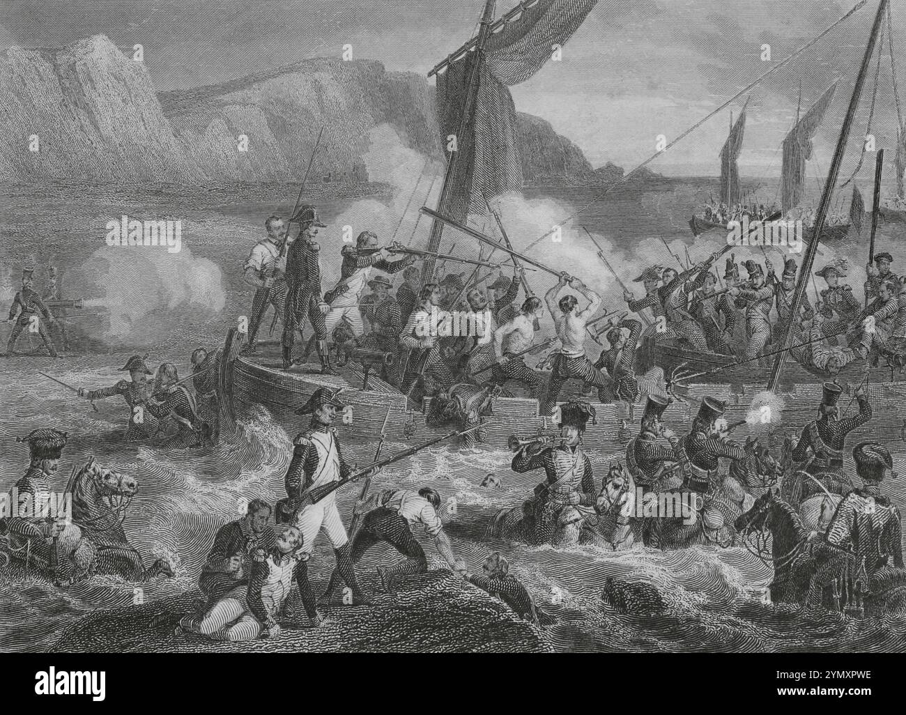 Guerre napoleoniche. Tra il 1804 e il 1805, Napoleone Bonaparte riunì la grande Armée nella città francese di Boulogne (Boulogne-sur-Mer), con l'obiettivo di lanciare l'invasione dell'Inghilterra da lì. Combattimenti sulla spiaggia di Boulogne, 1804. Disegno di Eugène Charpentier. Incisione di Beyer. Histoire du Consulat et de l'Empire (storia del Consolato e dell'Impero di Francia sotto Napoleone), di A. Thiers. Volume IV. Pubblicato a Parigi, 1845. Autore: Eugène Charpentier (1811-1890). Pittore francese. Charles Beyer (1792-1863). Incisore francese. Foto Stock Guerre napoleoniche. Tra il 1804 e il 1805, Napoleone Bonaparte riunì la grande Armée nella città francese di Boulogne (Boulogne-sur-Mer), con l'obiettivo di lanciare l'invasione dell'Inghilterra da lì. Combattimenti sulla spiaggia di Boulogne, 1804. Disegno di Eugène Charpentier. Incisione di Beyer. Histoire du Consulat et de l'Empire (storia del Consolato e dell'Impero di Francia sotto Napoleone), di A. Thiers. Volume IV. Pubblicato a Parigi, 1845. Autore: Eugène Charpentier (1811-1890). Pittore francese. Charles Beyer (1792-1863). Incisore francese. Foto Stock