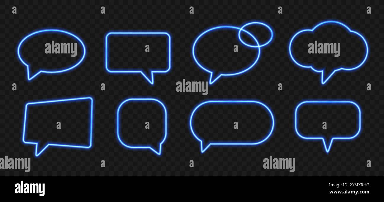 Bolle di comunicazione al neon. Cornici luminose per virgolette e testo. Striscione promozionale blu neon, prezzo brillante, bordi luminosi dello sconto. Gruppo vettoriale. Illustrazione Vettoriale