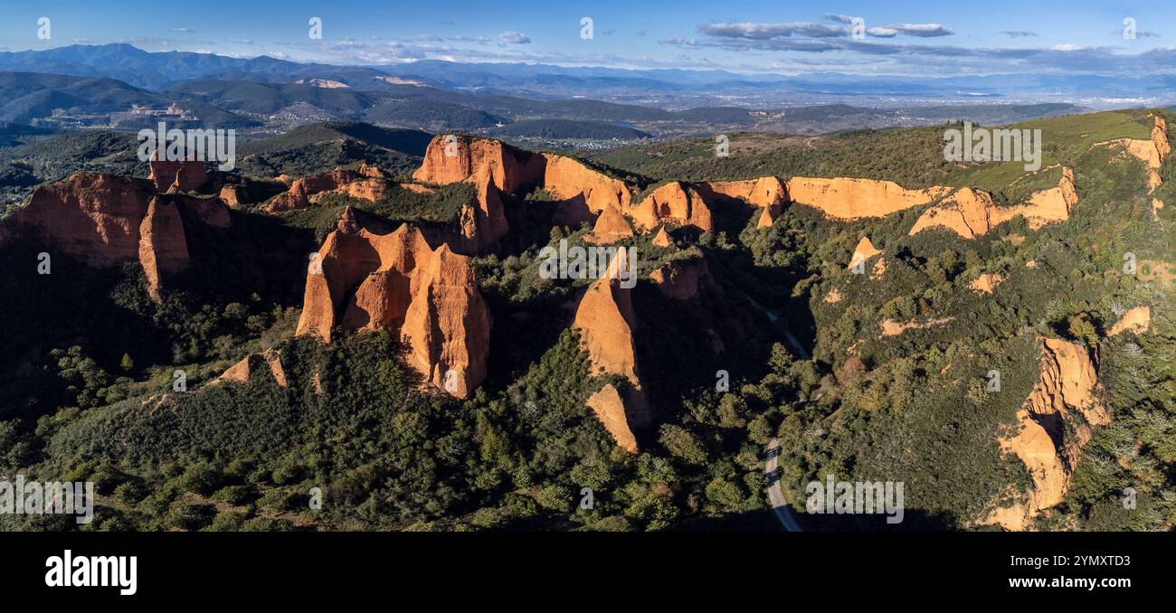 Las Médulas, punto panoramico di Orellán, Monumento-zona archeologica di Las Médulas, miniere a cielo aperto dell'antico Impero Romano, Comunità autonoma di Cast Foto Stock