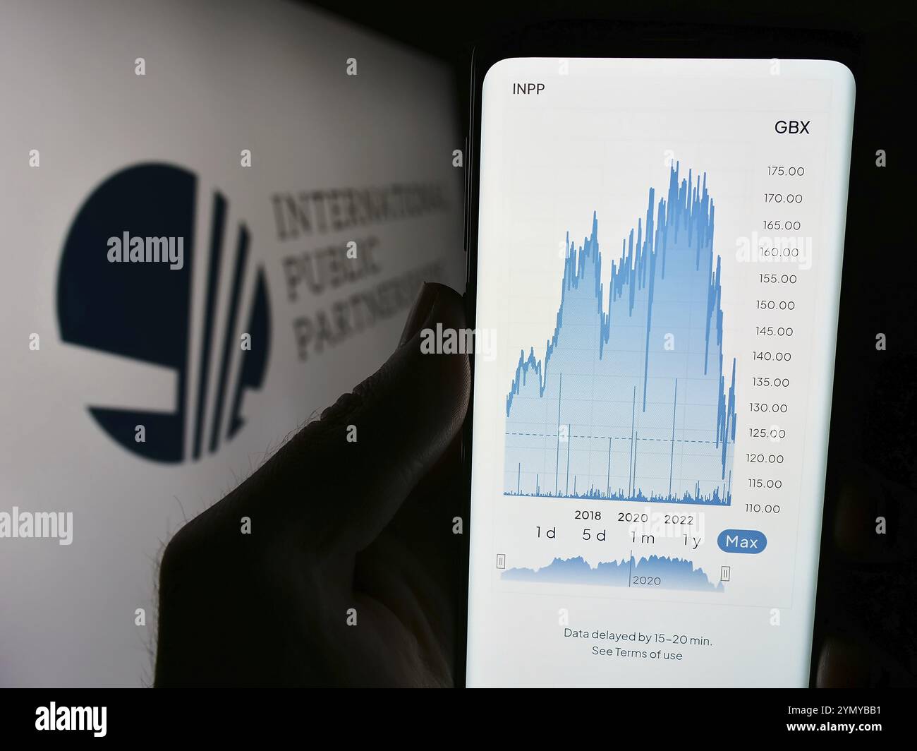 Stoccarda, Germania, 03-20-2024: Persona che detiene uno smartphone con sito web della società britannica International Public Partnerships Limited con logo. Messa a fuoco o Foto Stock