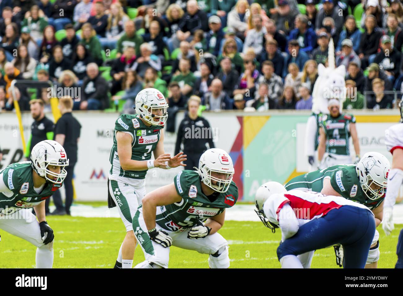 Footballgame CEFL , Quarterfinal , Schwaebisch Hall Unicorns vs. Stockholm Mean Machines, Central European Football League (CEFL), Quarterfinal at Opt Foto Stock