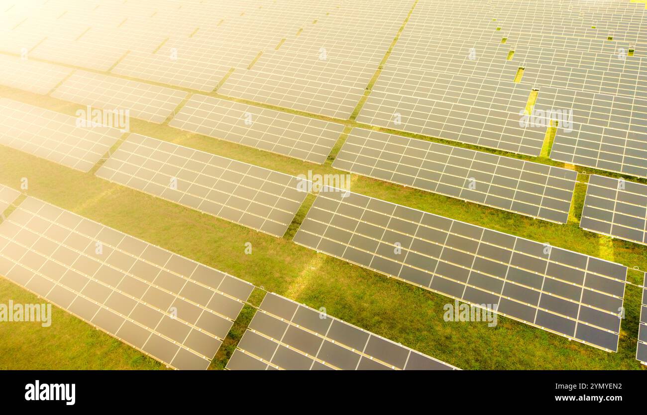 Ampio campo di pannelli solari che cattura la luce solare per la produzione di energia rinnovabile Foto Stock