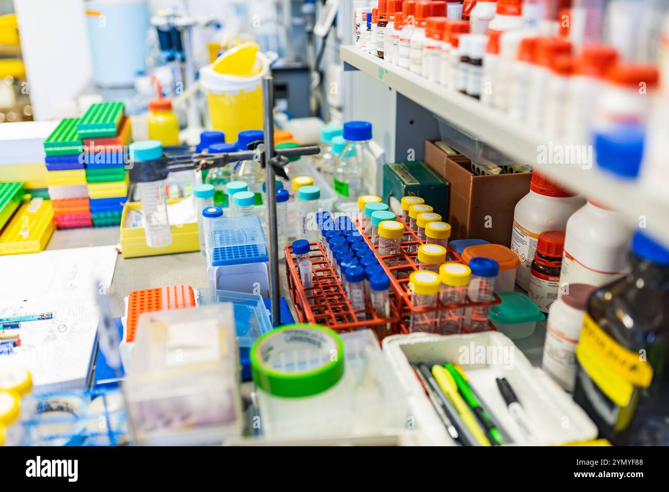 Banco da lavoro da laboratorio ben organizzato con forniture chimiche, provette per campioni e apparecchiature di ricerca essenziali Foto Stock