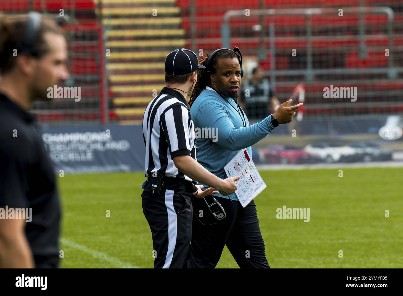 European League of Football, ELF/ partita: I Lions di Praga ai Munich Ravens il 09. Giugno. 2024, nel PARCO uhlsport, Unterhaching, Germania, Europa Foto Stock