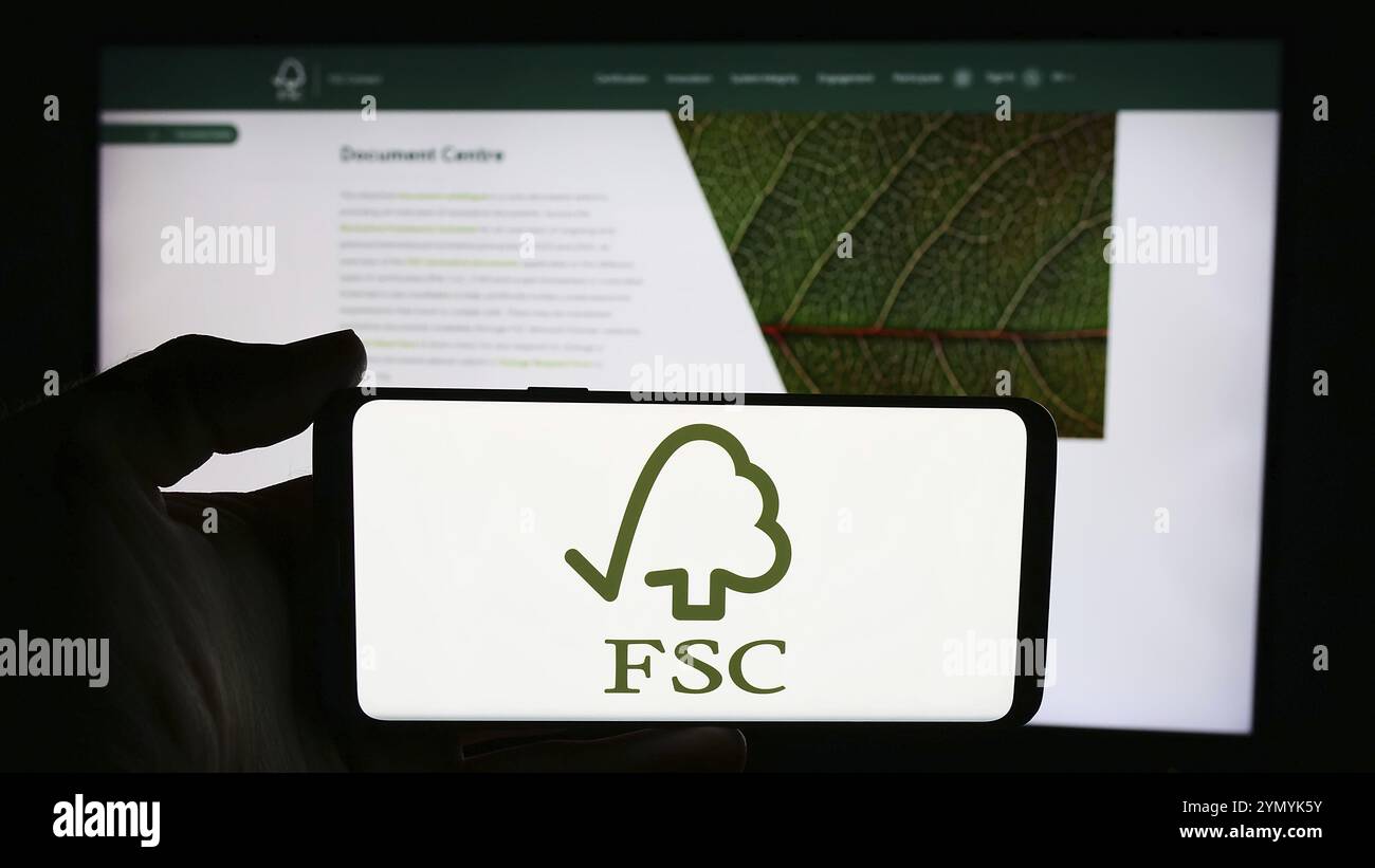 Stoccarda, Germania, 06-26-2024: Persona che detiene un cellulare con il logo dell’organizzazione Forest Stewardship Council GmbH (FSC) di fronte alla pagina web. Concentrati su Foto Stock