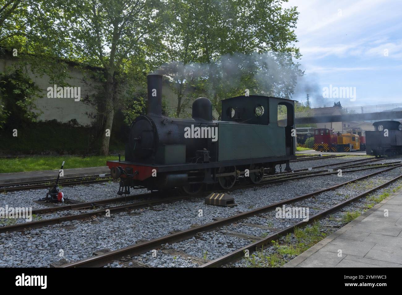 Un treno è seduto sui binari con del fumo che ne esce. Il treno è vecchio e ha un motore nero Foto Stock