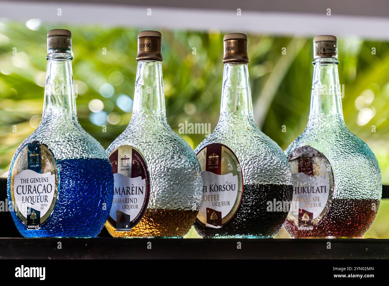 Assortimento della fabbrica di liquori Curacao di Curacao. Fabbrica Senor, dove viene prodotto il liquore Curacao originale. Landhuis Chobolobo, Elias R. A. Moreno Boulevard, Willemstad, Curacao, Kòrsou Foto Stock