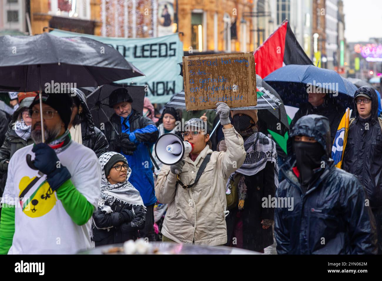 Leeds, Regno Unito. 23 NOVEMBRE 2024. Lady porta il cartello "The Sides of Israel" alla marcia palestinese settimanale del PSC di Leeds, intrapresa nelle avverse condizioni meteorologiche causate da Storm Bert, così come due gruppi di protesta rivali che si riuniscono fuori Leeds Corn Exchange e portano ad un cambio di rotta. Credito Milo Chandler/Alamy Live News Foto Stock