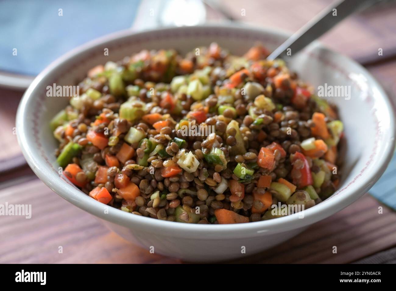 Insalata di lenticchie con pomodori, cipolle primaverili, carote e altre verdure in una ciotola per il buffet a una cena, sano piatto vegano con base vegetale Foto Stock