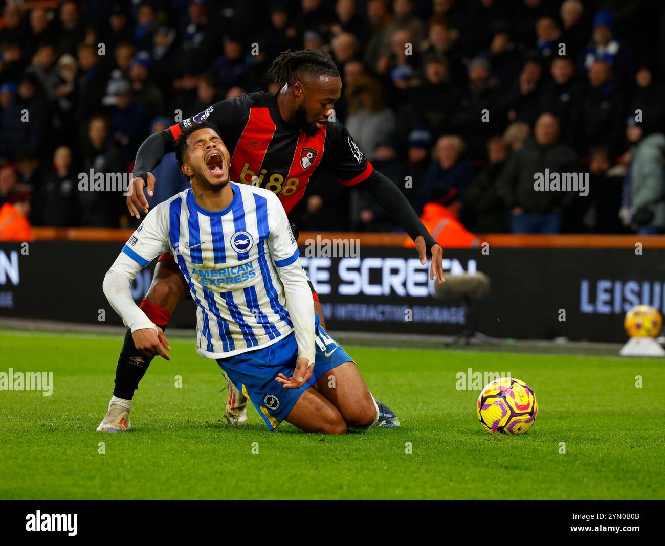 Vitality Stadium, Boscombe, Dorset, Regno Unito. 23 novembre 2024. Premier League Football, AFC Bournemouth contro Brighton e Hove Albion; Semenyo di Bournemouth affronta Rutter di Brighton da dietro e fallo Credit: Action Plus Sports/Alamy Live News Foto Stock