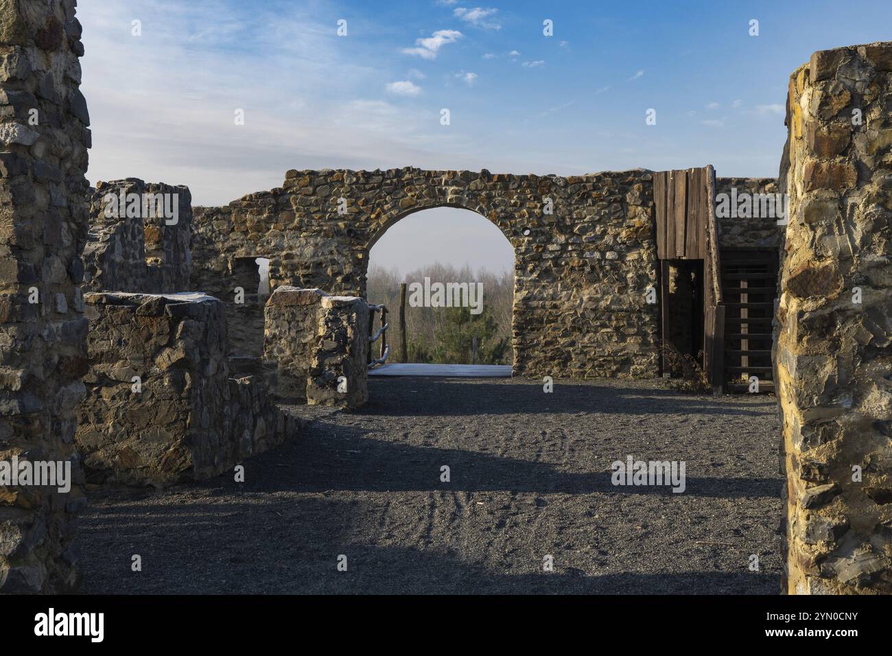 Rovine artificiali del castello nel parco deadwood vicino a Koenigswartha Foto Stock