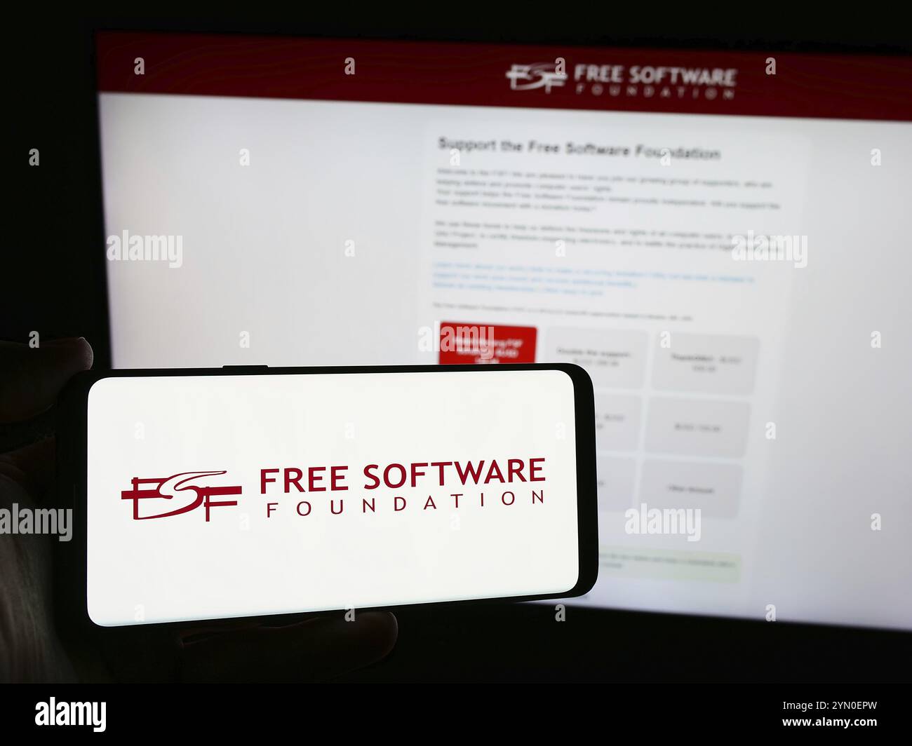 Stoccarda, Germania, 05-22-2024: Persona con smartphone con logo dell'organizzazione statunitense Free software Foundation (FSF) davanti al sito Web. Attenzione al ph Foto Stock