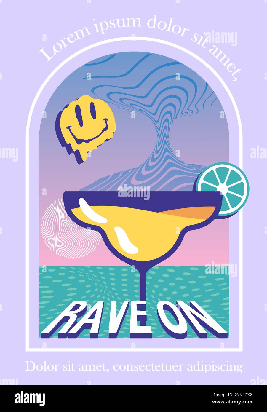 Poster della festa rave. Emoji gocciolanti e bicchiere con bevanda alcolica. Negli anni '80 e '90 Striscione psichedelico in stile vaporwave. Brochure, opuscolo o. Illustrazione Vettoriale
