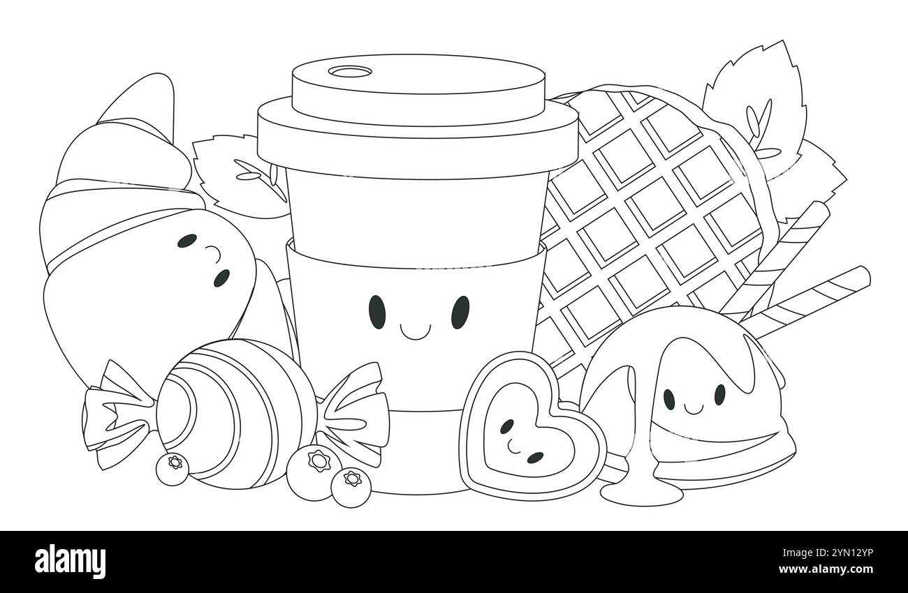 Pagina di colorazione dei dolci. Tazza di caffè con caramelle, biscotti e croissant. Dessert e prelibatezze. Materiale educativo per bambini, sviluppo creativo Illustrazione Vettoriale
