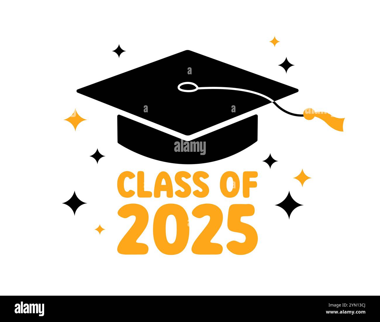 Biglietto di auguri per laureati di classe 2025, poster. Illustrazione piatta vettoriale. Berretto accademico nero e numeri dorati 2025 su sfondo bianco. Mortaio Illustrazione Vettoriale