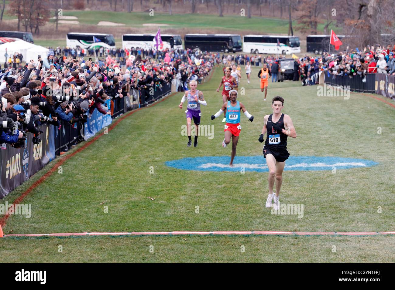 Madison, Wisconsin, Stati Uniti. 23 novembre 2024. Graham Blanks di Harvard vince la gara maschile con un record di 28:37,2 durante i campionati NCAA di fondo al Thomas Zimmer Championship Course, sabato 23 novembre 2024, a Madison, Wisc. Crediti: Kirby Lee/Alamy Live News Foto Stock