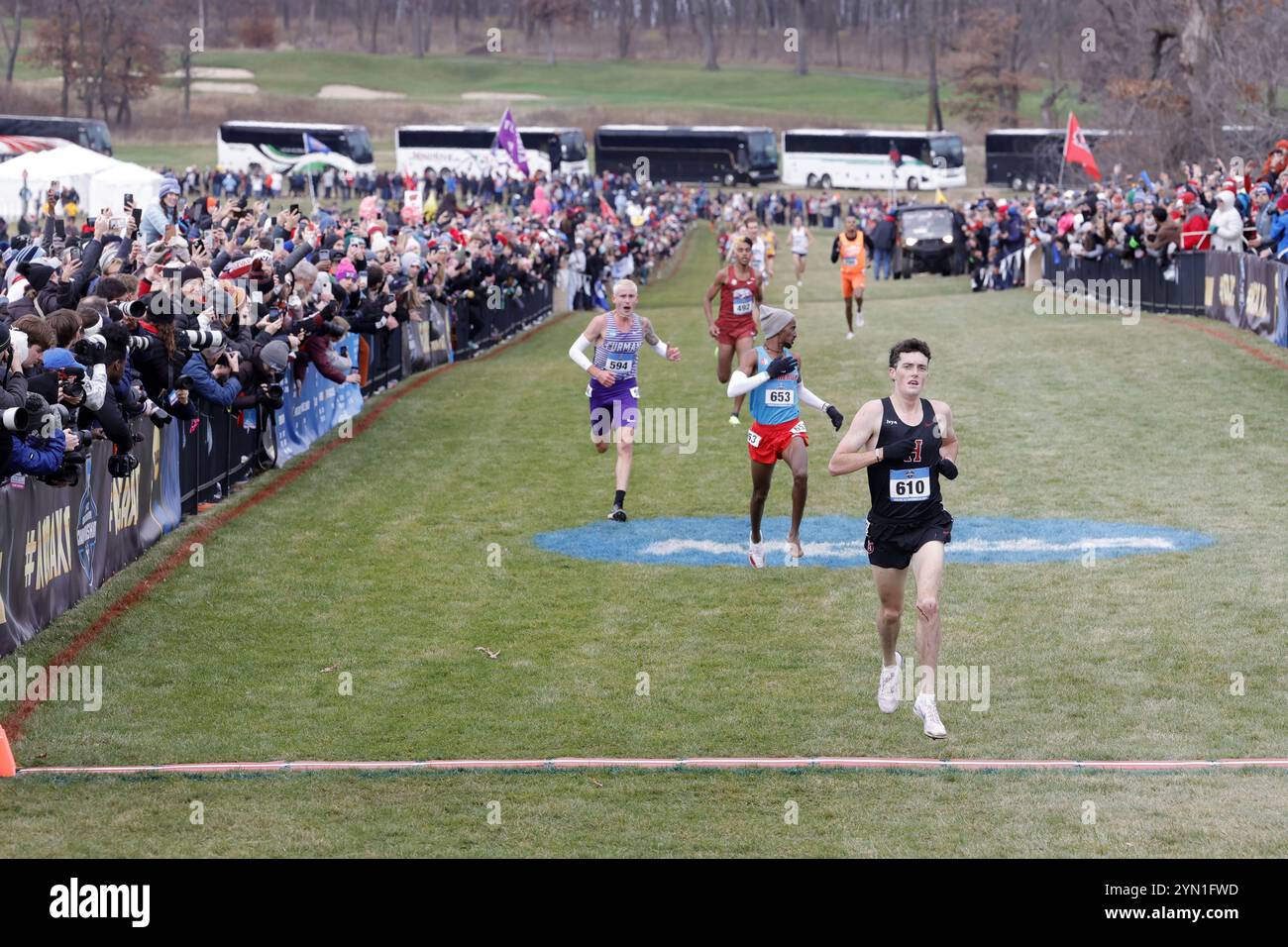 Madison, Wisconsin, Stati Uniti. 23 novembre 2024. Graham Blanks di Harvard vince la gara maschile con un record di 28:37,2 durante i campionati NCAA di fondo al Thomas Zimmer Championship Course, sabato 23 novembre 2024, a Madison, Wisc. Crediti: Kirby Lee/Alamy Live News Foto Stock