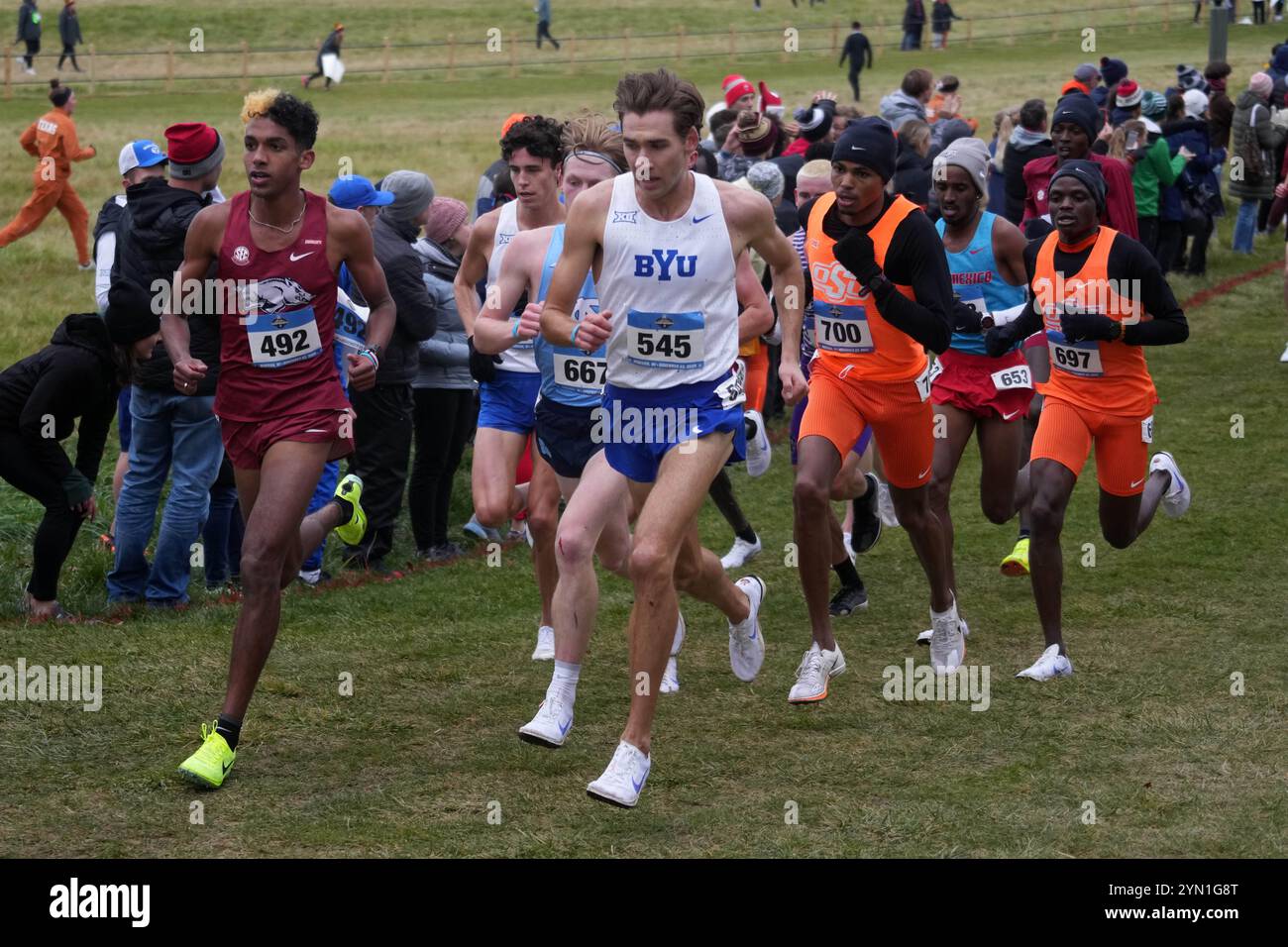Madison, Wisconsin, Stati Uniti. 23 novembre 2024. Yaseen Abdalla dell'Arkansas (492) e Casey Clinger della BYU (545) guidano la gara maschile durante i campionati NCAA di fondo al Thomas Zimmer Championship Course, sabato 23 novembre 2024, a Madison, Wisc. Crediti: Kirby Lee/Alamy Live News Foto Stock