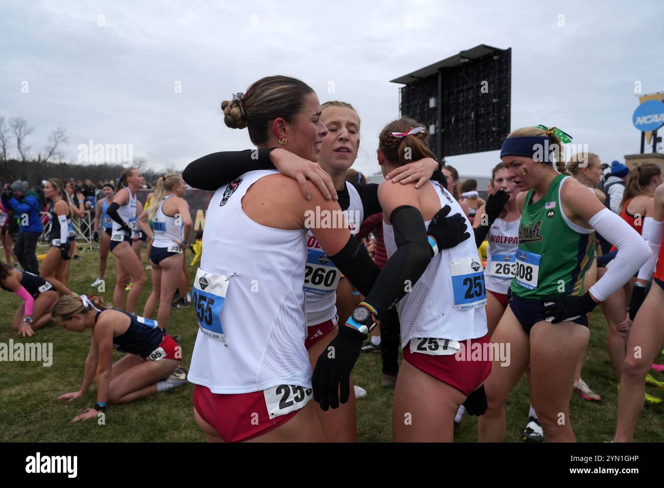 Madison, Wisconsin, Stati Uniti. 23 novembre 2024. Hannah Gapes (a sinistra), Angelina Napoleon (centro) e Grace Hartman di NC State abbracciano dopo la gara femminile durante i campionati NCAA di cross country al Thomas Zimmer Championship Course, sabato 23 novembre 2024, a Madison, Wisc. Crediti: Kirby Lee/Alamy Live News Foto Stock