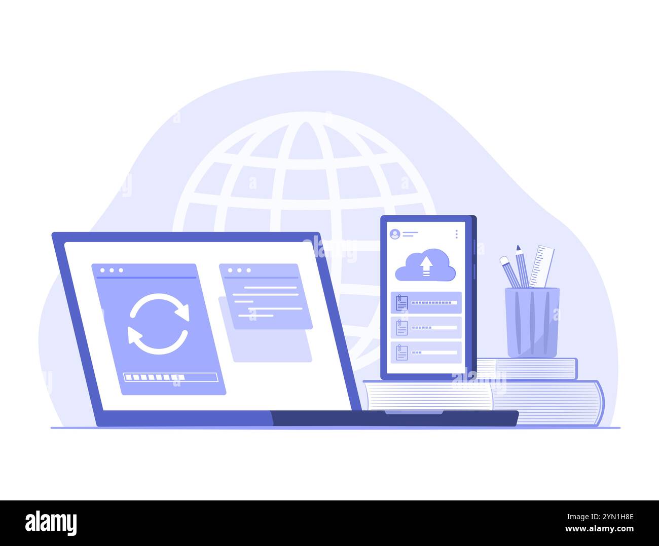 Illustrazione del concetto di sincronizzazione dei file di dati del computer portatile con smartphone per la tecnologia di connessione wireless Illustrazione Vettoriale