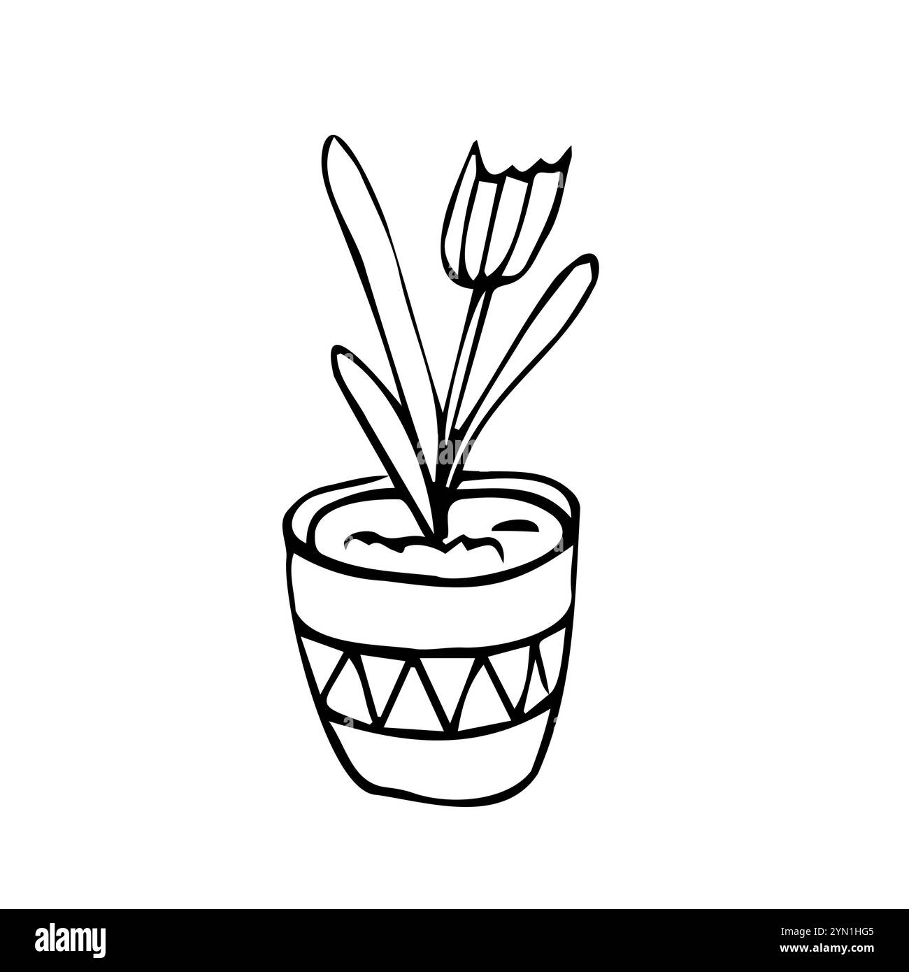 Vaso di fiori con erba decorativa, pianta. Illustrazione vettoriale disegnata a mano in stile fumetto, isolata. Elemento di design, clip a Illustrazione Vettoriale