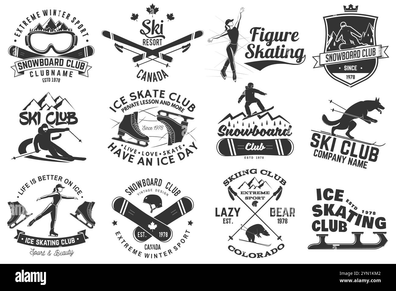 Emblema di Ski, Ice Skate e Snowboard Club. Vettore. Concetto per maglietta, stampa, timbro, badge o tee. Design tipografico vintage con snowboarder e skate Illustrazione Vettoriale