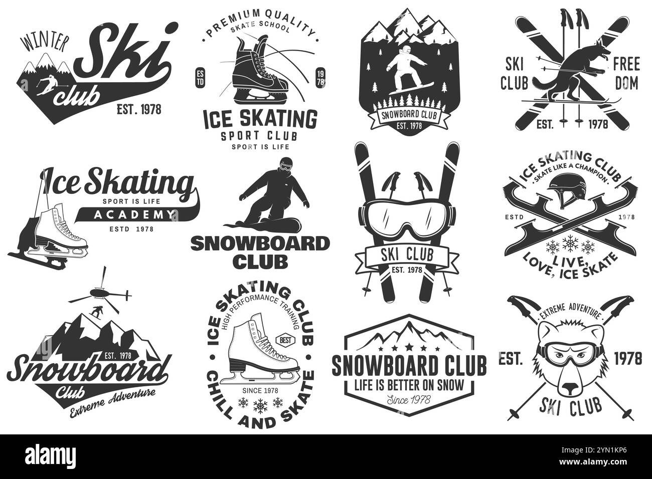 Emblema di Ski, Ice Skate e Snowboard Club. Vettore. Concetto per maglietta, stampa, timbro, badge o tee. Design tipografico vintage con snowboarder e skate Illustrazione Vettoriale
