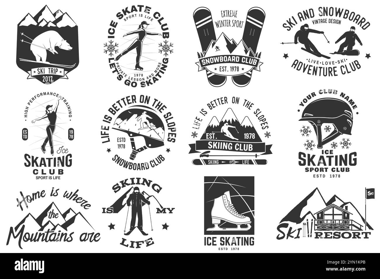 Emblema di Ski, Ice Skate e Snowboard Club. Vettore. Concetto per maglietta, stampa, timbro, badge o tee. Design tipografico vintage con snowboarder e skate Illustrazione Vettoriale