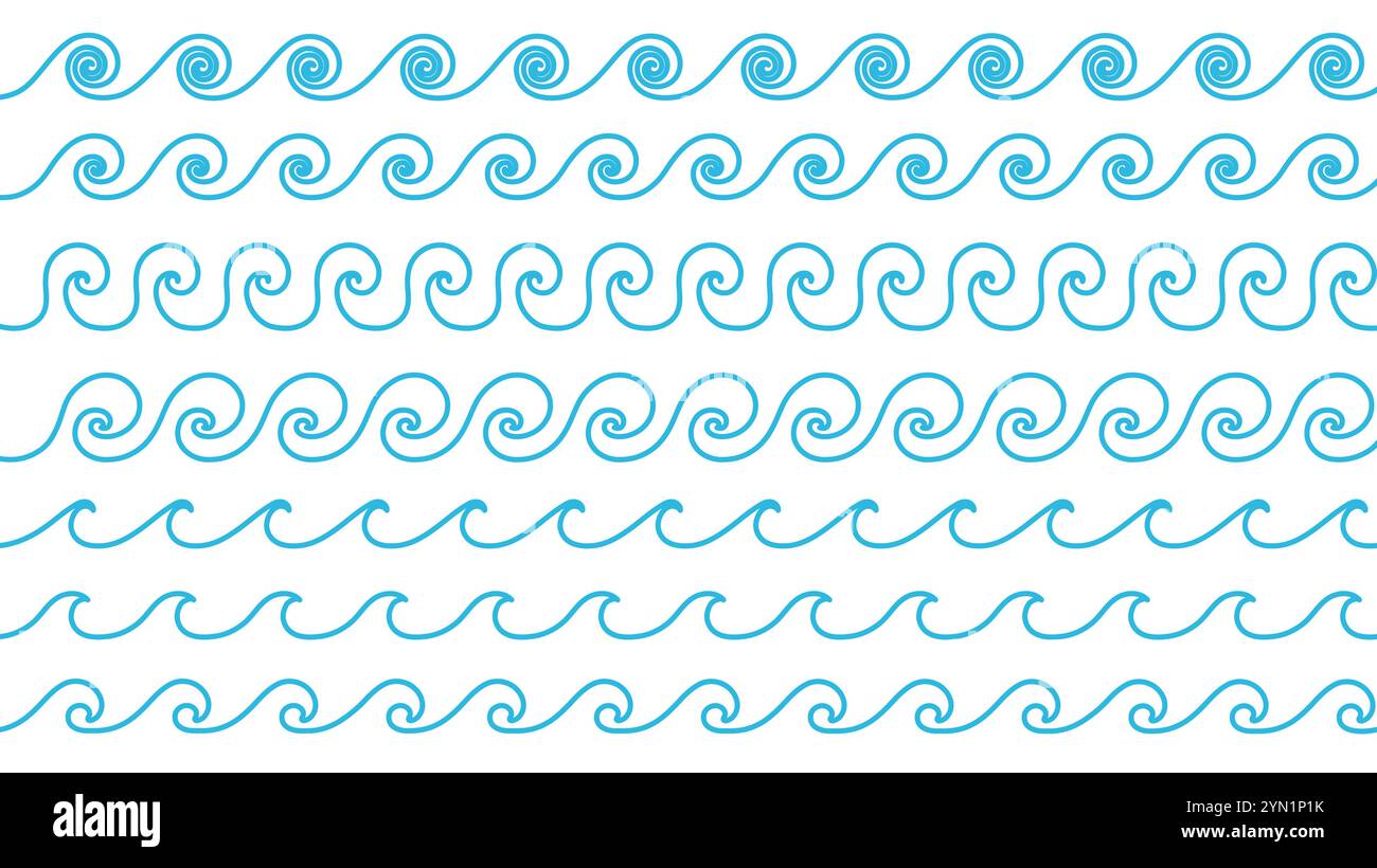 Onde marine blu in movimento linee d'acqua. Spruzzi d'acqua oceanica, marea marina, onde di tempesta su sfondo bianco. Illustrazione Vettoriale