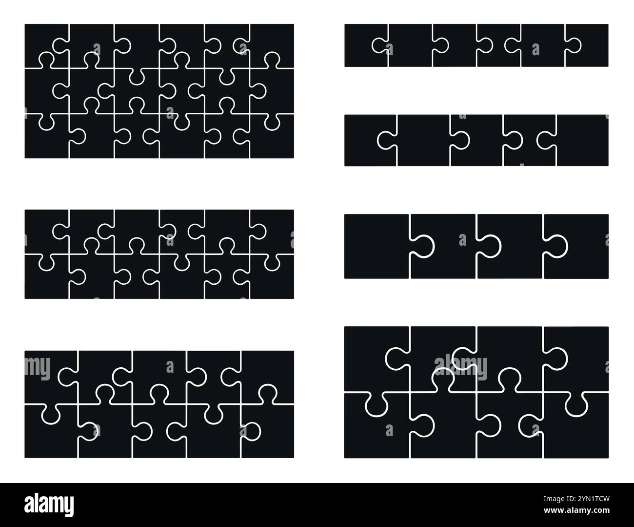 Pezzi di puzzle da 6, 5, 4, 8x2, 10x2, 12x2, 18x3 isolati su sfondo bianco. Modello vettoriale puzzle game. Illustrazione Vettoriale