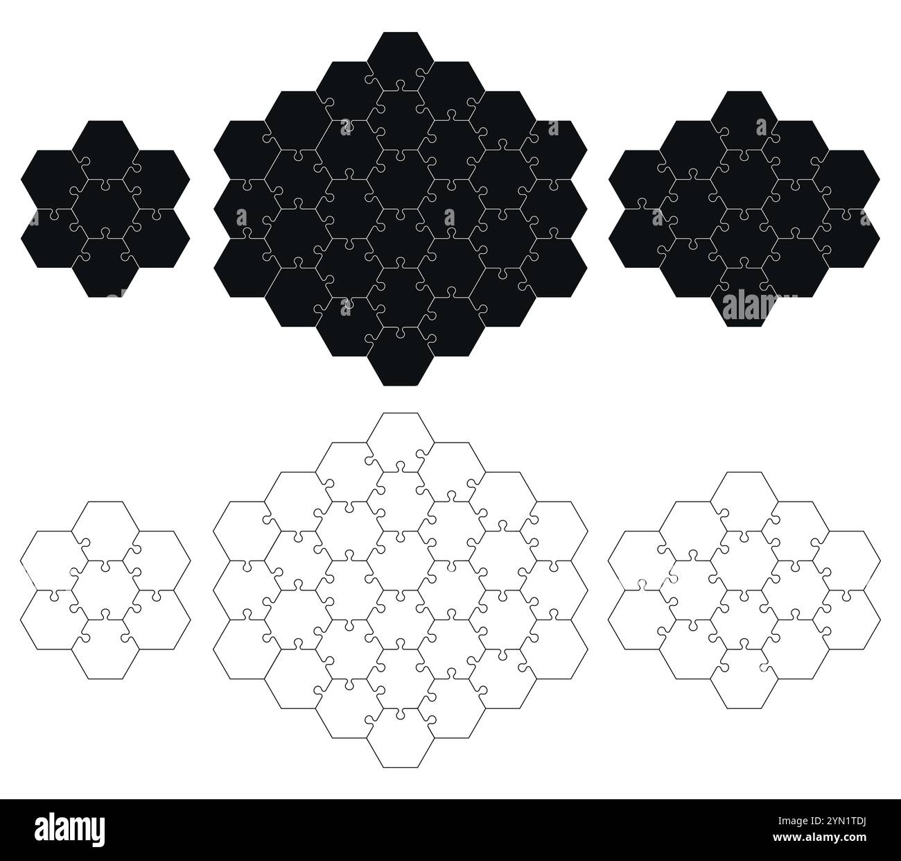 Pezzi del puzzle 7, 30, 14 isolati su sfondo bianco. Modello vettoriale di seghetto alternativo esagonale ad angolo retto Illustrazione Vettoriale