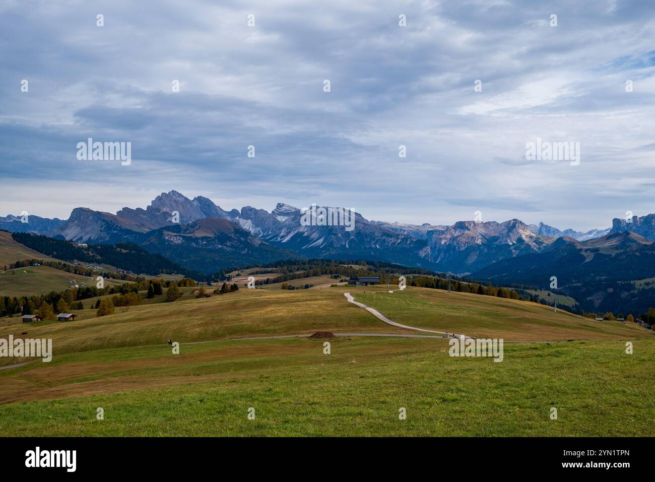 Veduta dell'Alpe di Siusi, il più grande alpeggio d'Europa in Italia. Foto Stock