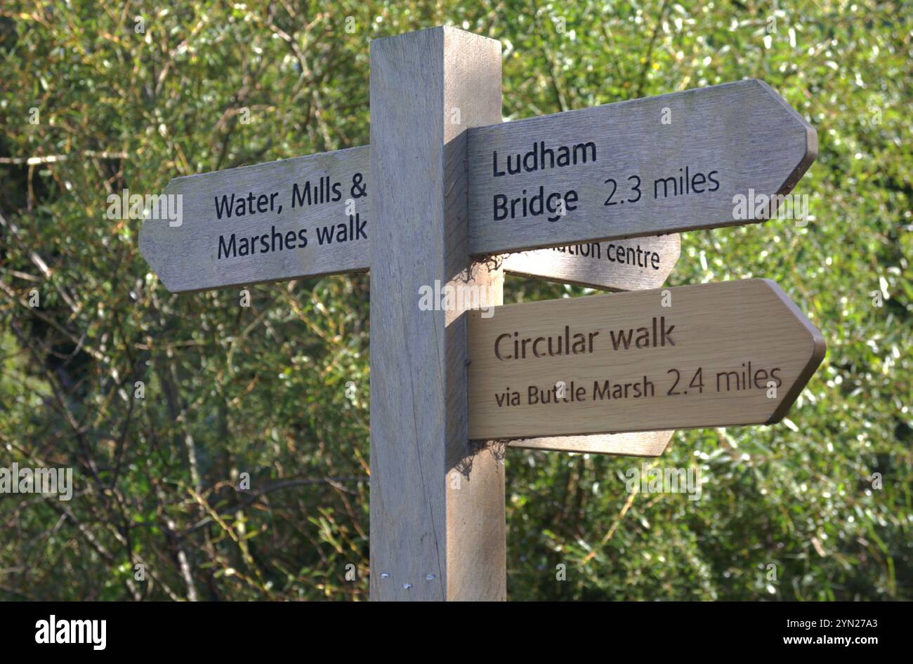 Un cartello con la direzione Finger Post vicino al lungofiume River Ant Walk sul Norfolk Broads vicino a How Hill, Ludham, Norfolk, Inghilterra, Regno Unito. Foto Stock