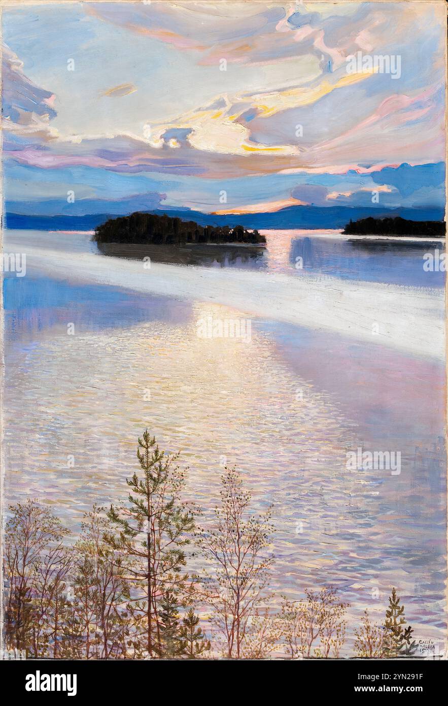 Järvimaisema (paesaggio del lago) dell'artista finlandese Akseli Gallen-Kallela (1865-1931) dipinto nel 1901 che mostra una serena vista del lago finlandese al tramonto con isole sagomate e pini in primo piano. Crediti: Galleria Nazionale finlandese / Archivio d'Arte universale Foto Stock