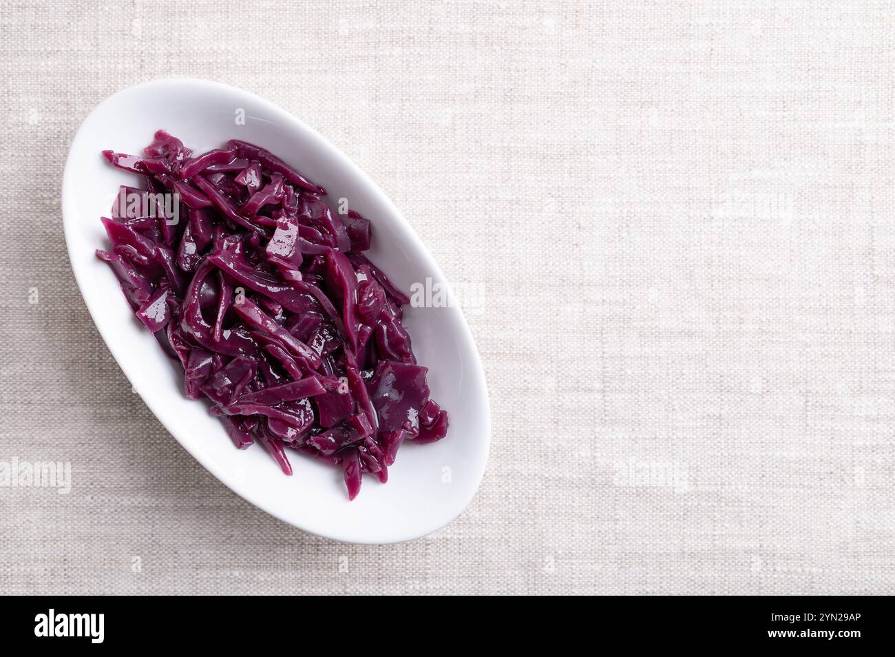 Cavolo rosso brasato in una ciotola bianca, con spazio vuoto per il testo. Contorno tedesco tradizionale di colore viola intenso, fatto di cavolo a fette. Foto Stock