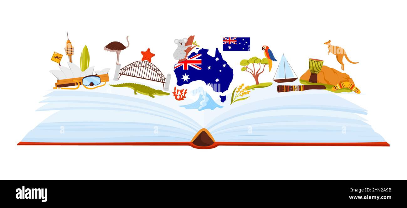Cultura e architettura australiane, studio linguistico in un contesto infografico di collage. Aprire un grande libro di carta e il teatro dell'opera di Sydney, animali australiani, cartoni animati e illustrazioni vettoriali Illustrazione Vettoriale
