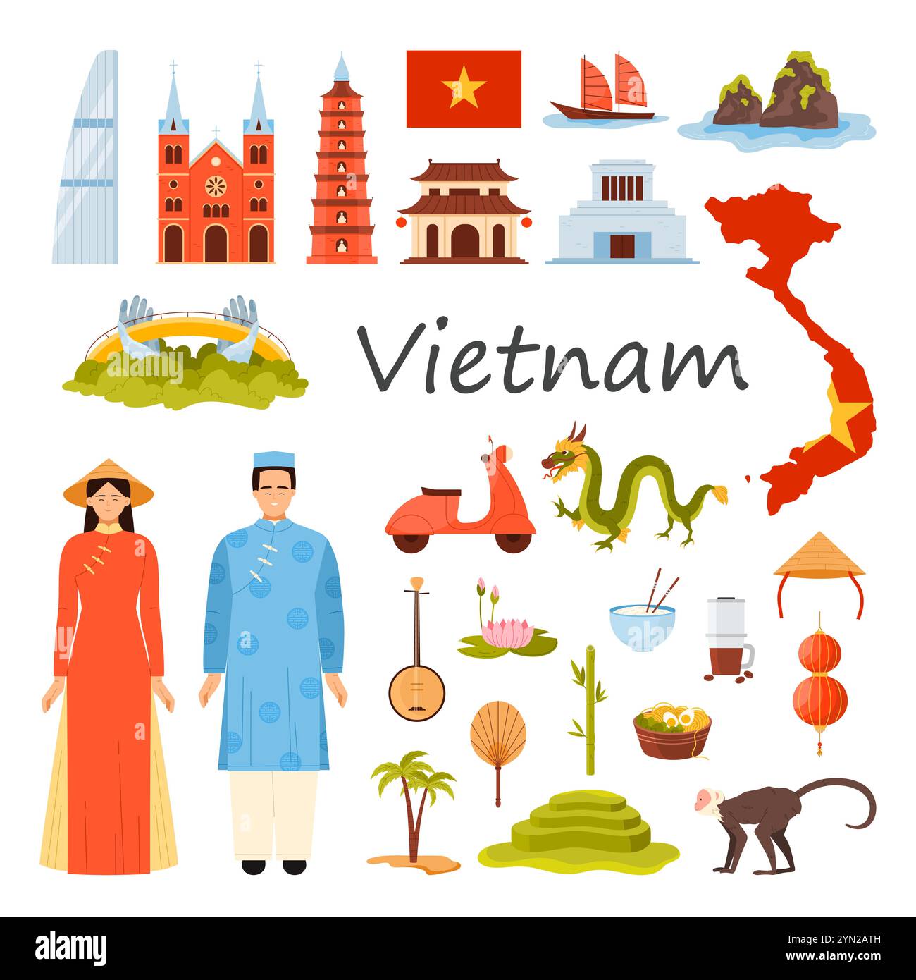 Viaggio in Vietnam con titolo. Vietnamiti in costumi tradizionali, pagoda e chiesa, Golden Bridge e Mausoleo di ho chi Minh, illustrazioni vettoriali di scooter e scimmie Illustrazione Vettoriale