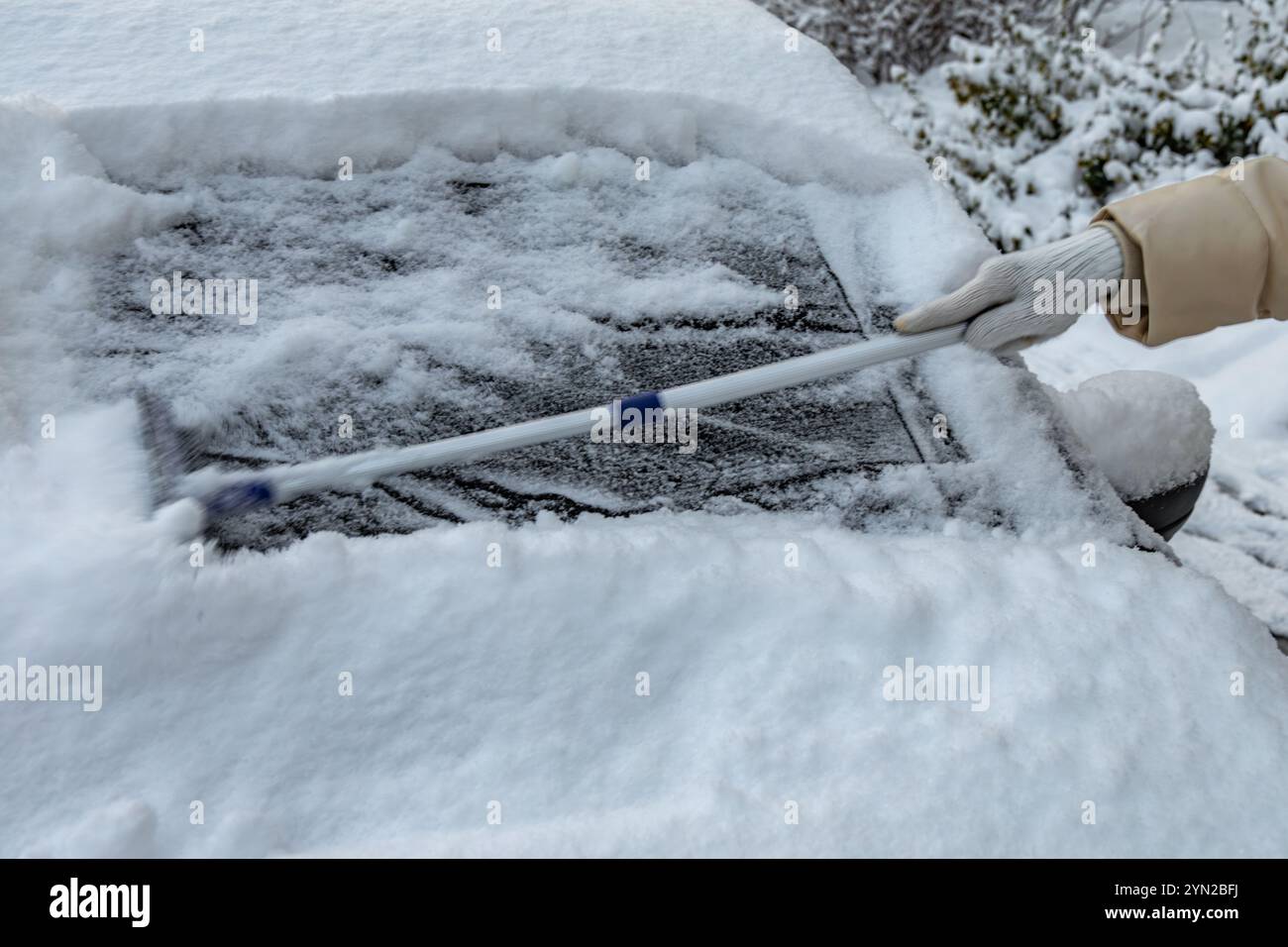 Una donna spara la neve dalla macchina, rimuovendo il ghiaccio dal corpo della macchina, attaccando l'inverno, preparando la macchina per il percorso Foto Stock