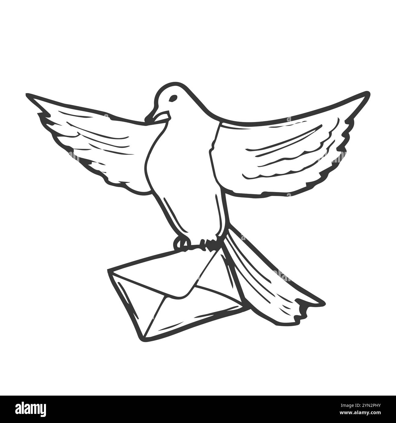 Pigeon porta il messaggio della lettera dalla busta, un contorno di una linea d'arte. Colomba di pace disegnata a mano con ramoscello d'ulivo, concetto di corrispondenza uccello di doodle. Modificabili Illustrazione Vettoriale