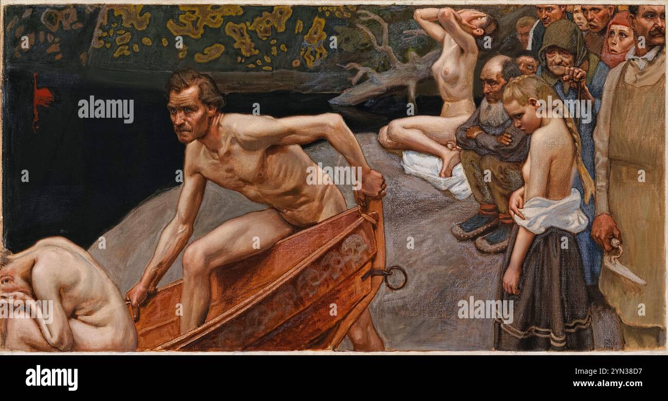 Tuonelan joella (presso il fiume Tuonela) studio di affreschi di Akseli Gallen-Kallela (1865-1931) che mostra la scena simbolica del crossover nel regno dei morti, creato nel 1903 come lavoro preparatorio per il Mausoleo Juselius a pori, Finlandia. Crediti: Galleria Nazionale finlandese / Archivio d'Arte universale Foto Stock