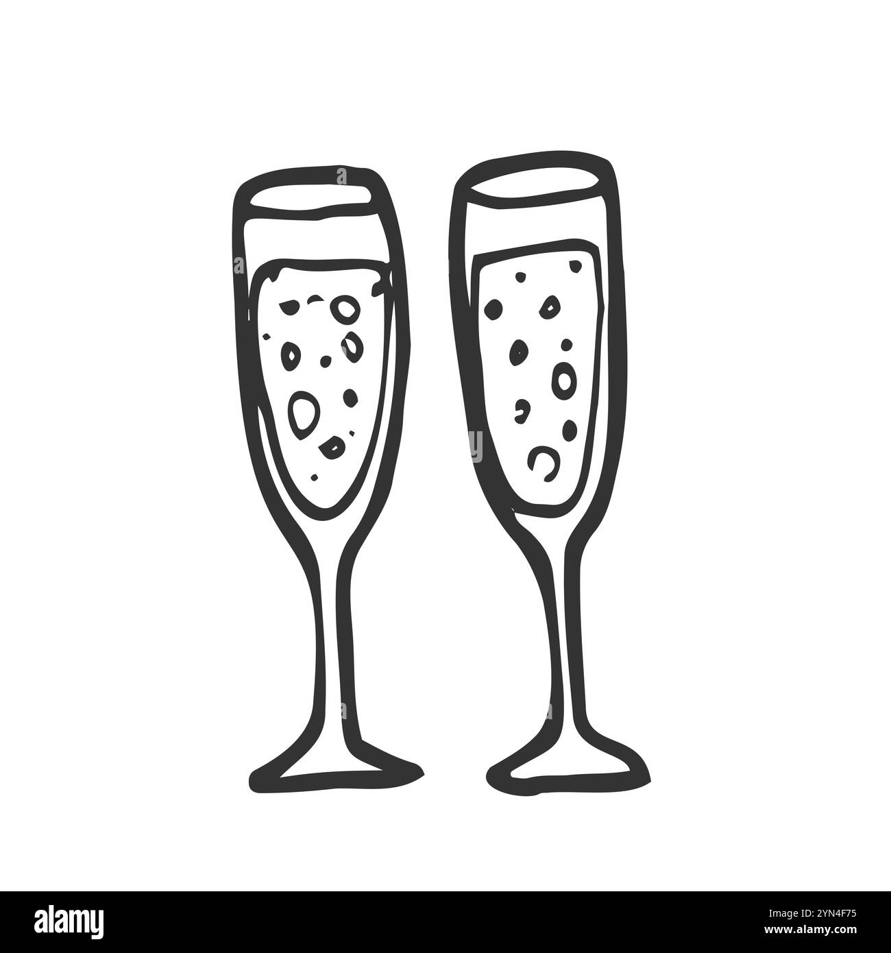 Un paio di bicchieri di champagne disegnati a mano per compleanno, Capodanno, Natale, matrimonio, fidanzamento. Doodle, illustrazione vettoriale isolata su fondo bianco Illustrazione Vettoriale