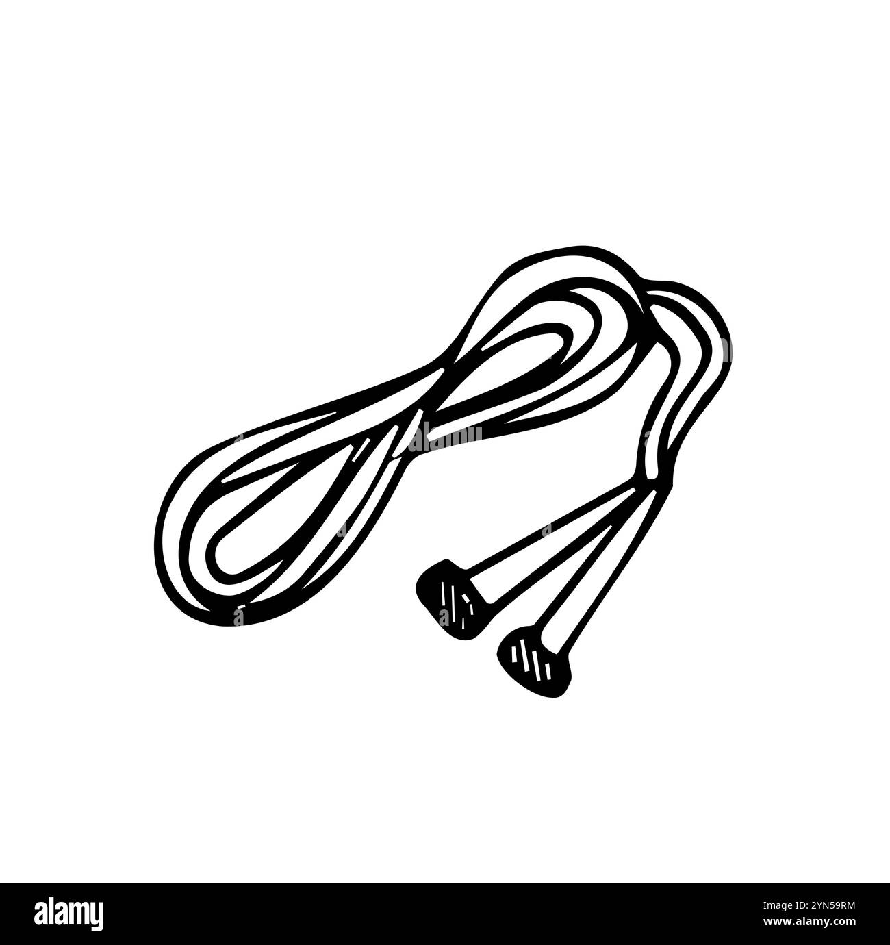 Fune da salto per saltare con il contorno nero Doodle per allenarsi in casa. Semplice clip art in bianco e nero. Salta la corda in stile scarabocchio Illustrazione Vettoriale