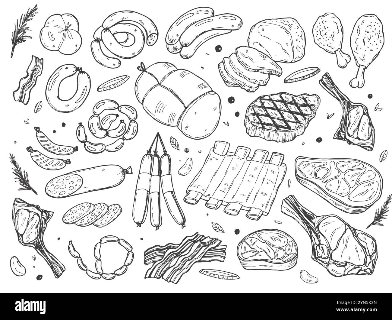 Raccolta di carni fresche grezze, disegno vettoriale. Elementi di design isolati per alimenti disegnati a mano. Pezzi di bistecca di manzo, prosciutto, filetto di maiale, costolette di agnello. Illustrazione Vettoriale