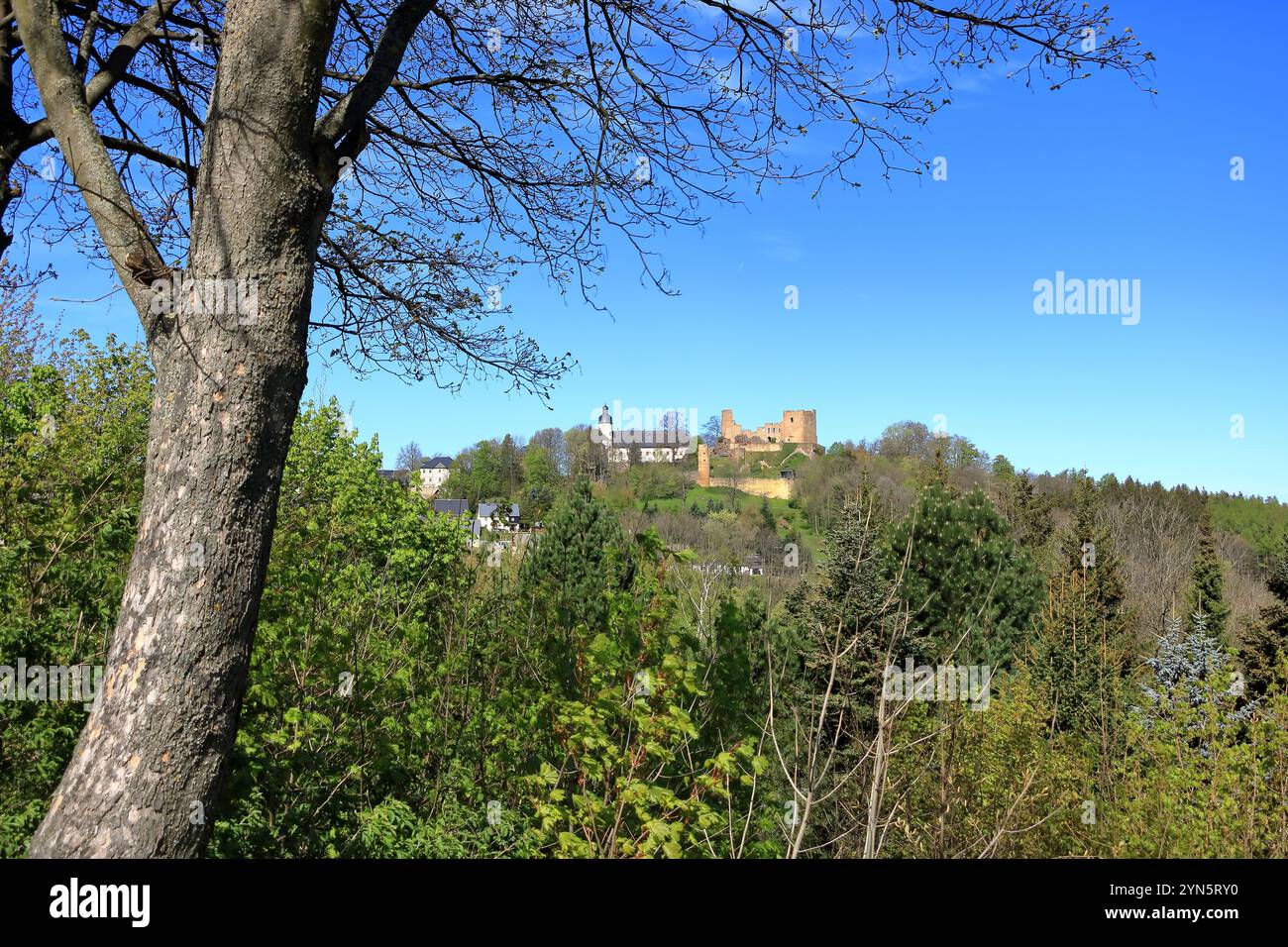 Castello Frauenstein in cima alla collina. Cittadina ai piedi delle montagne di Erzgebirge, Sassonia, Germania Foto Stock