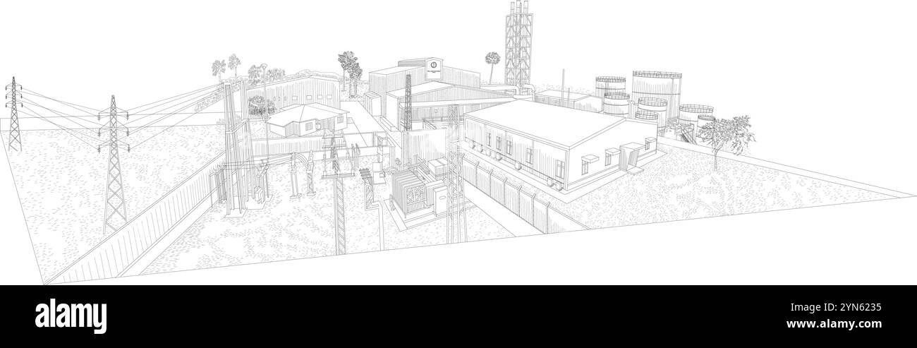 Questa centrale elettrica è composta da 3 gruppi elettrogeni diesel, ciascuno con una capacità di 8 MW. Illustrazione Vettoriale