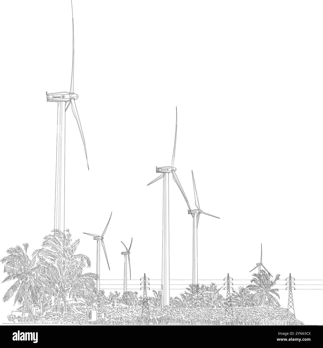 Il parco eolico Pawan Danavi è un parco eolico onshore di 10,2 MW situato vicino a Kalpitiya, nel distretto di Puttalam nello Sri Lanka. Illustrazione Vettoriale