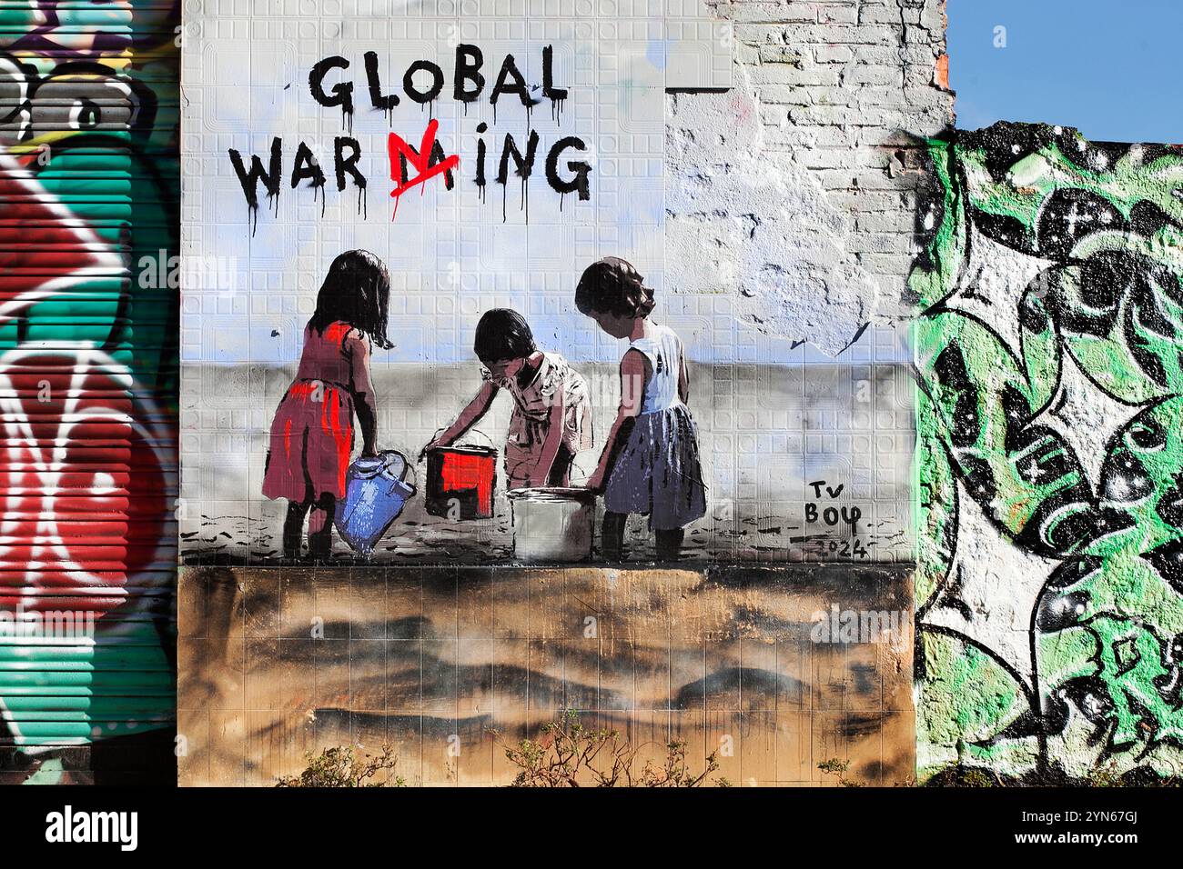 Graffiti di allarme globale, Barcellona, Spagna. Foto Stock