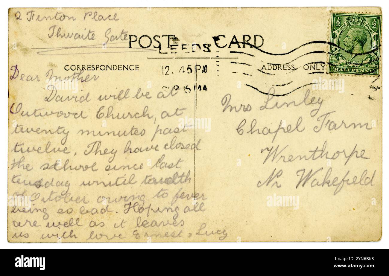 Retro della cartolina originale dell'era WW1 pubblicata a settembre da Leeds nel 1914 vicino all'inizio della WW1. Menzione della febbre. Foto Stock